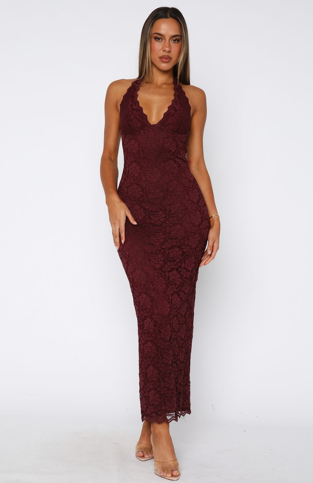 Merlot | Burgundy Lace Maxi Dress