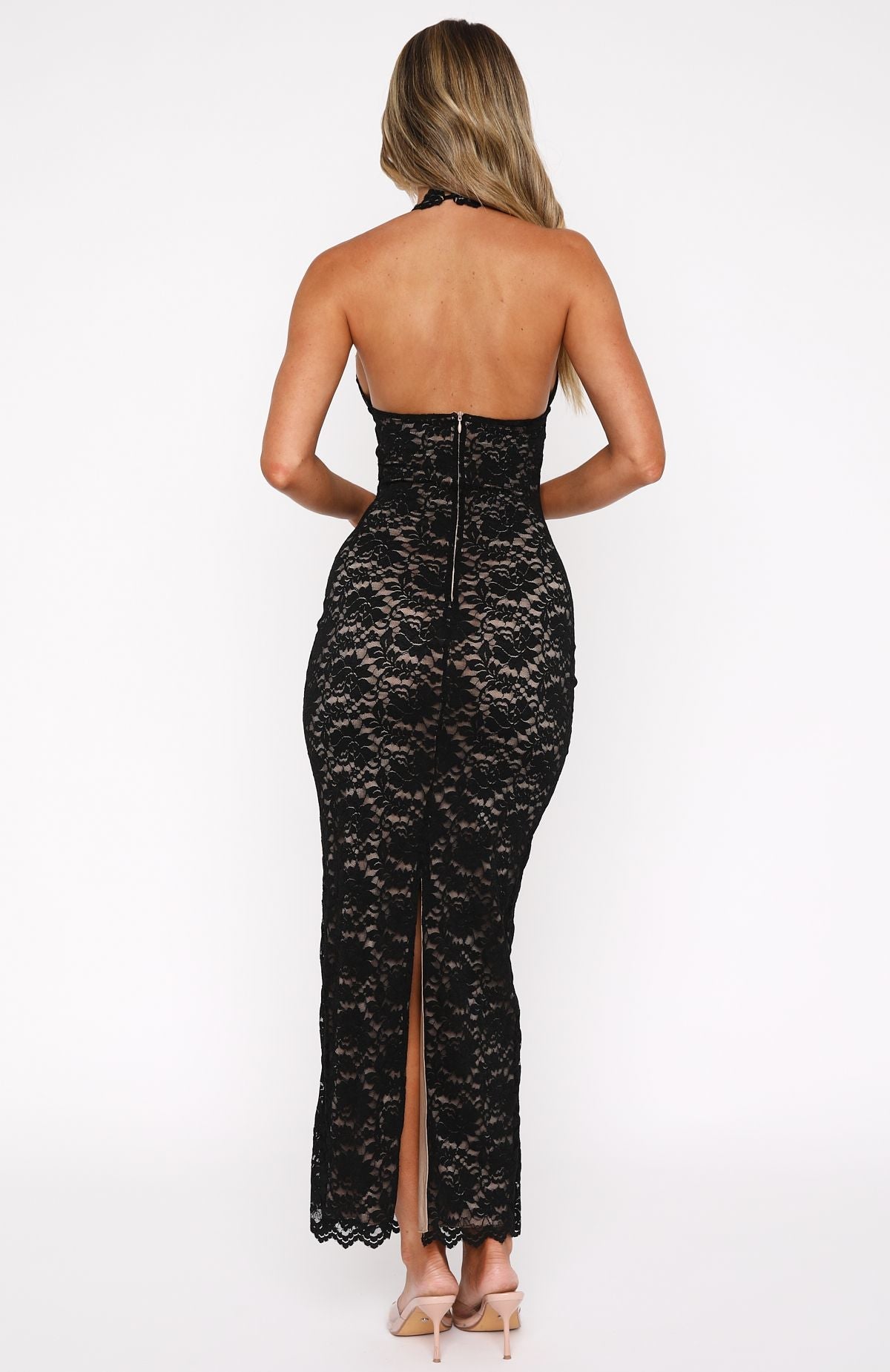 Vesper | Black Lace Halter Maxi Dress
